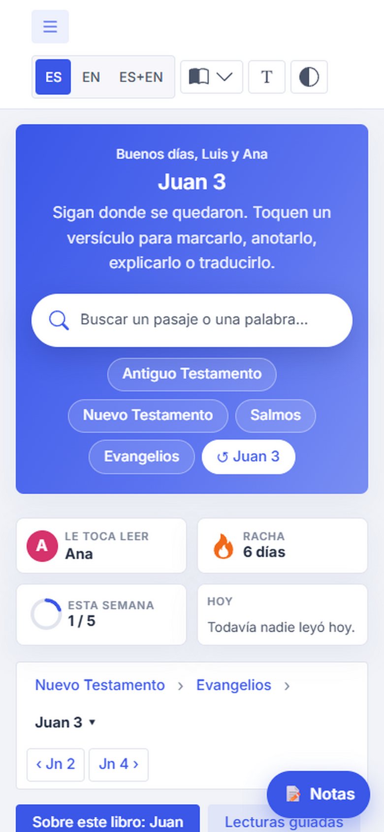 Two24 en un teléfono: el capítulo del día, el turno de lectura y la racha de la pareja