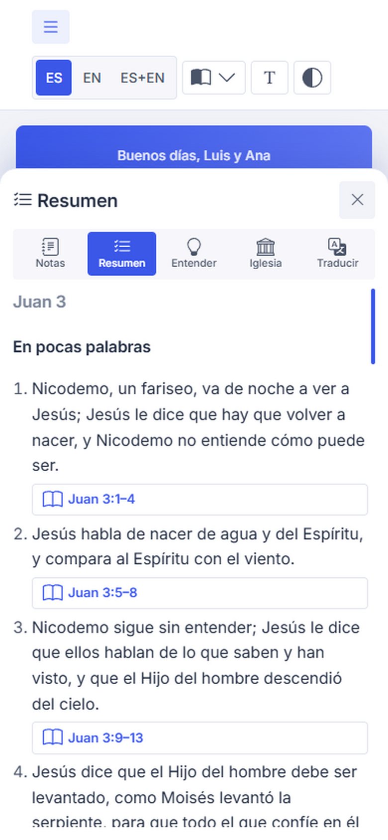 El panel de estudio: resumen del capítulo con sus versículos